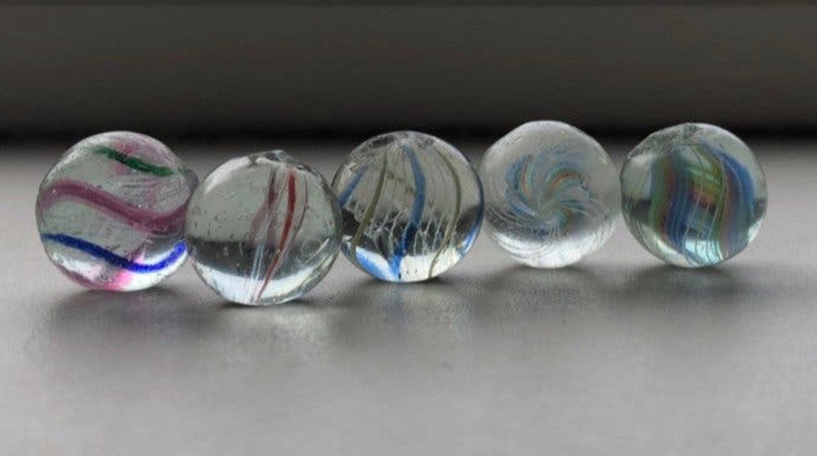 5  Antieke Glazen swirl knikkers met pontil - 1880-1910, Ophalen of Verzenden