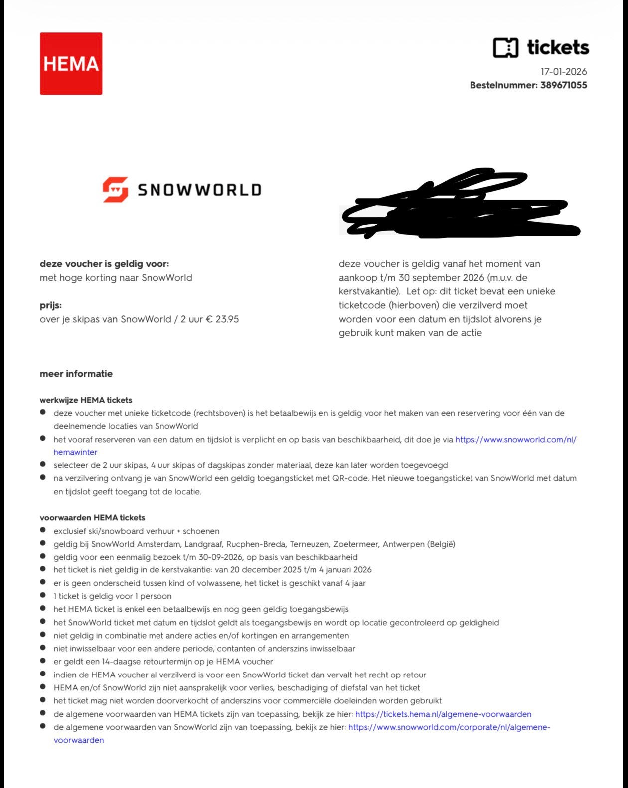 2x ticket 2 uur toegang Snowworld - skipas, Tickets en Kaartjes, Twee personen, Overige soorten, Overige typen