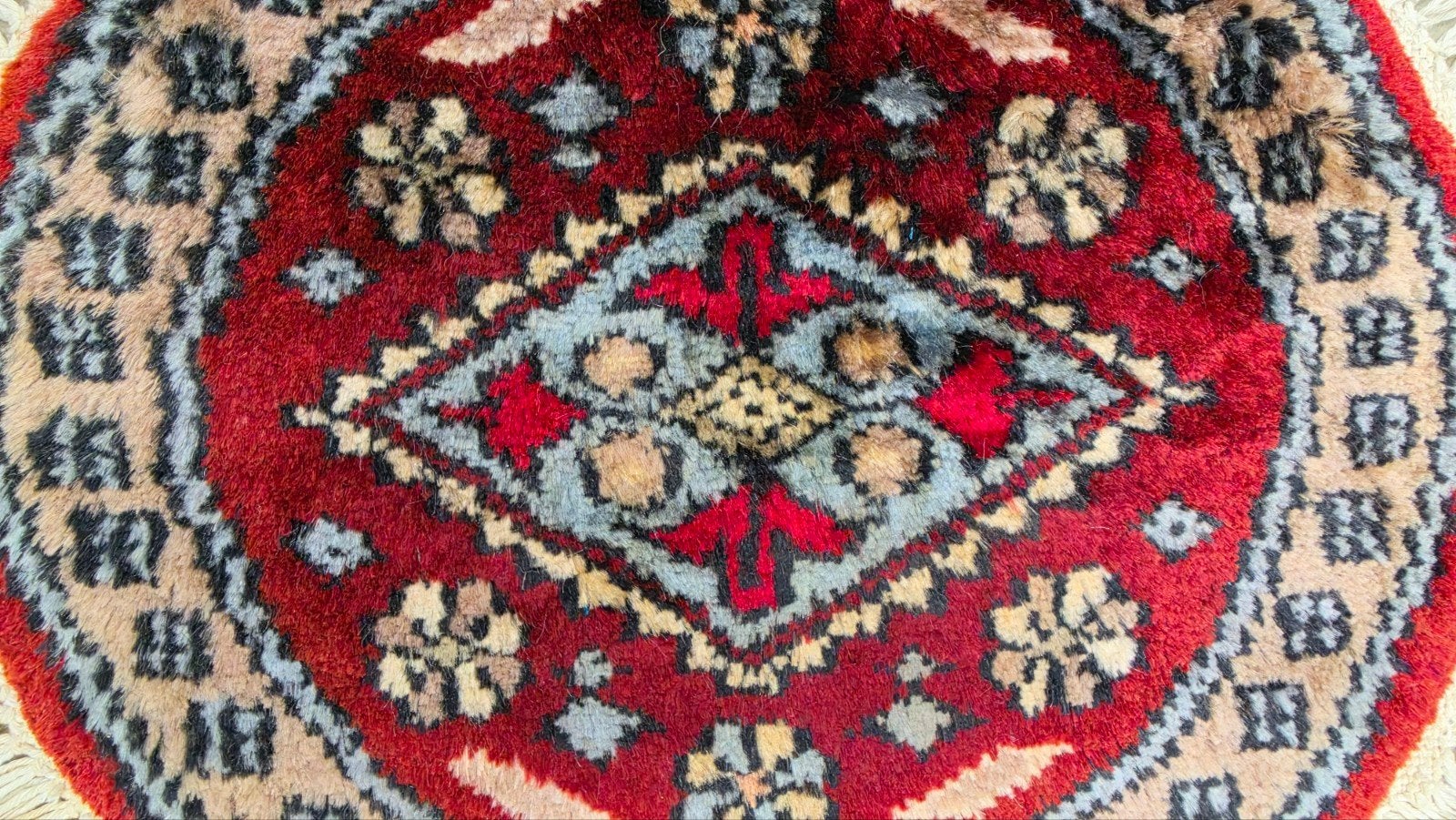 Handgeknoopt oosters rond wol Karachi tapijt rood 35x35cm, Crème, 50 tot 100 cm, Oosters, Klassiek, Perzisch, vintage, oosters, hype