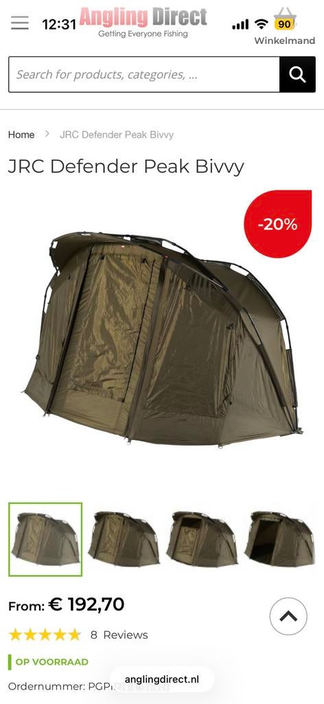 Jrc defender peak 1 man bivy vistent, Watersport en Boten, Hengelsport | Karpervissen, Ophalen of Verzenden, Zo goed als nieuw