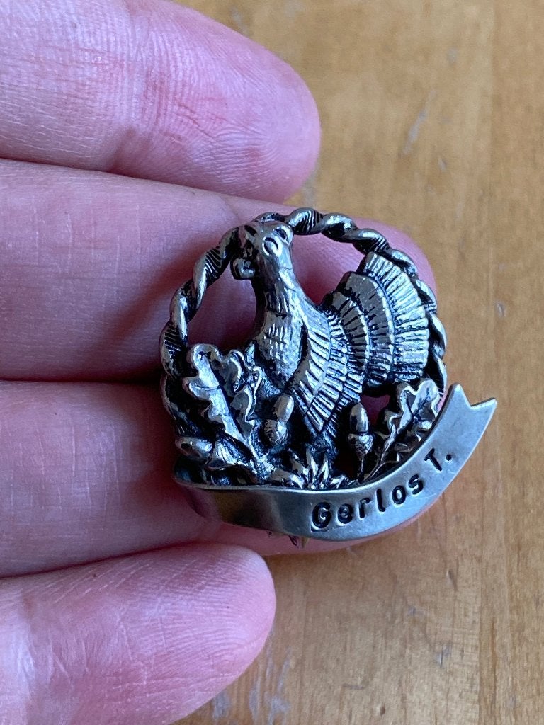 Vintage Auerhoen jacht broche Gerlos Tirol eikels & eikenbla, Overige materialen, Minder dan 4 cm, Ophalen of Verzenden, Zo goed als nieuw