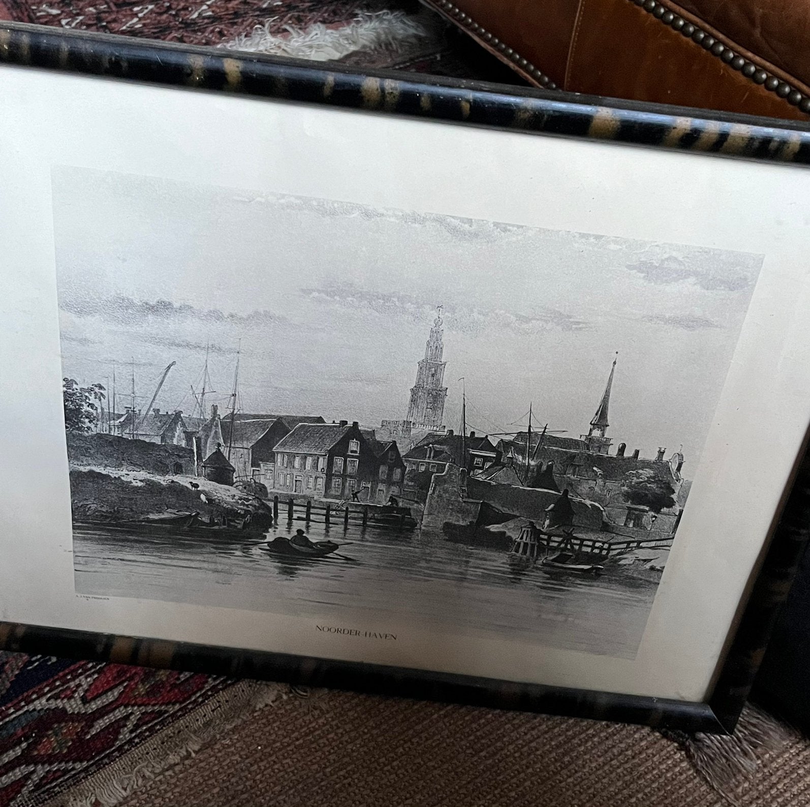 Oude Gravure/Prent “Noorderhaven “Groningen A.J.Van Prooijen, Antiek en Kunst, Ophalen of Verzenden, Stadsgezicht, Gravure, Ingelijst
