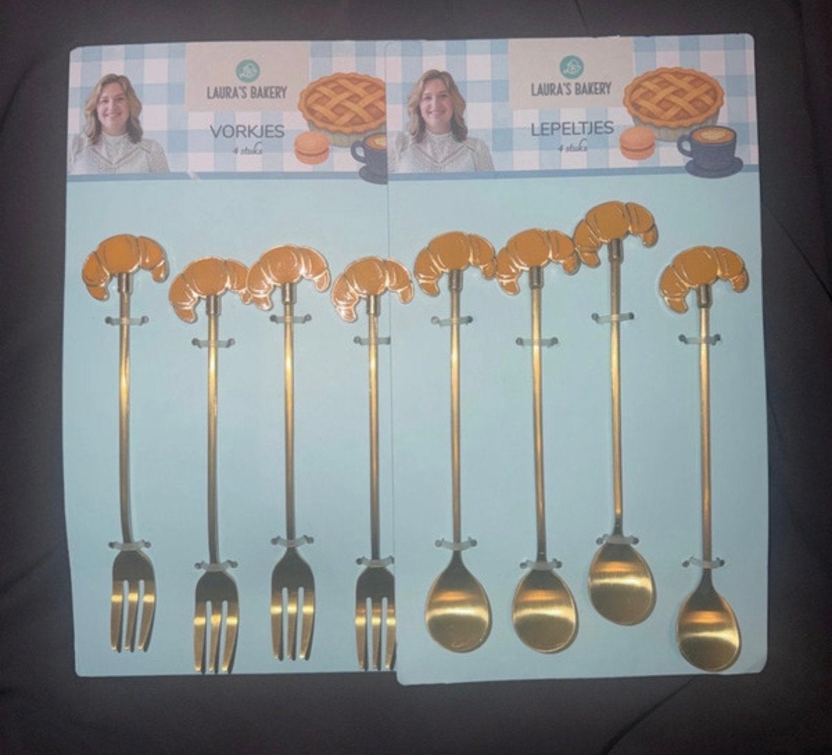 Laura's Bakery Bestekset: 4 Vorkjes & 4 Lepeltjes Croissant, Dessertvork, Verzenden, Bestekset, Nieuw
