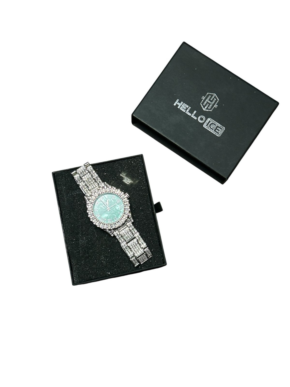 Iced Out Moissanite Horloge Hello Ice 43mm Turkoois Wijzerpl, Overige merken, Gebruikt, Verzenden, Polshorloge
