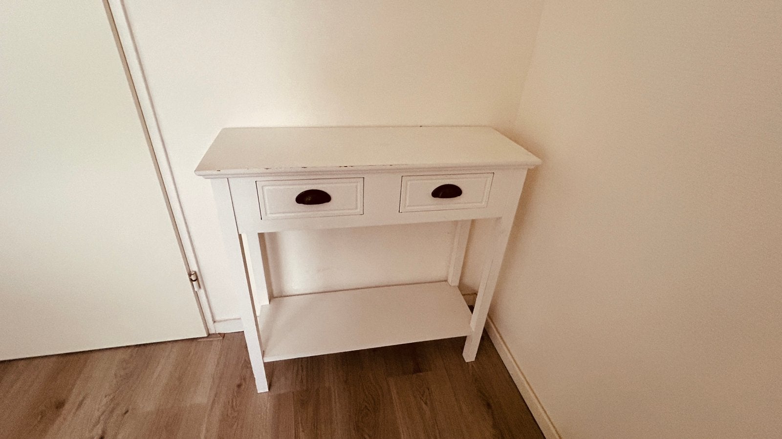 Witte sidetable / haltafel met 2 lades, Ophalen, Gebruikt, 100 tot 150 cm, Overige houtsoorten