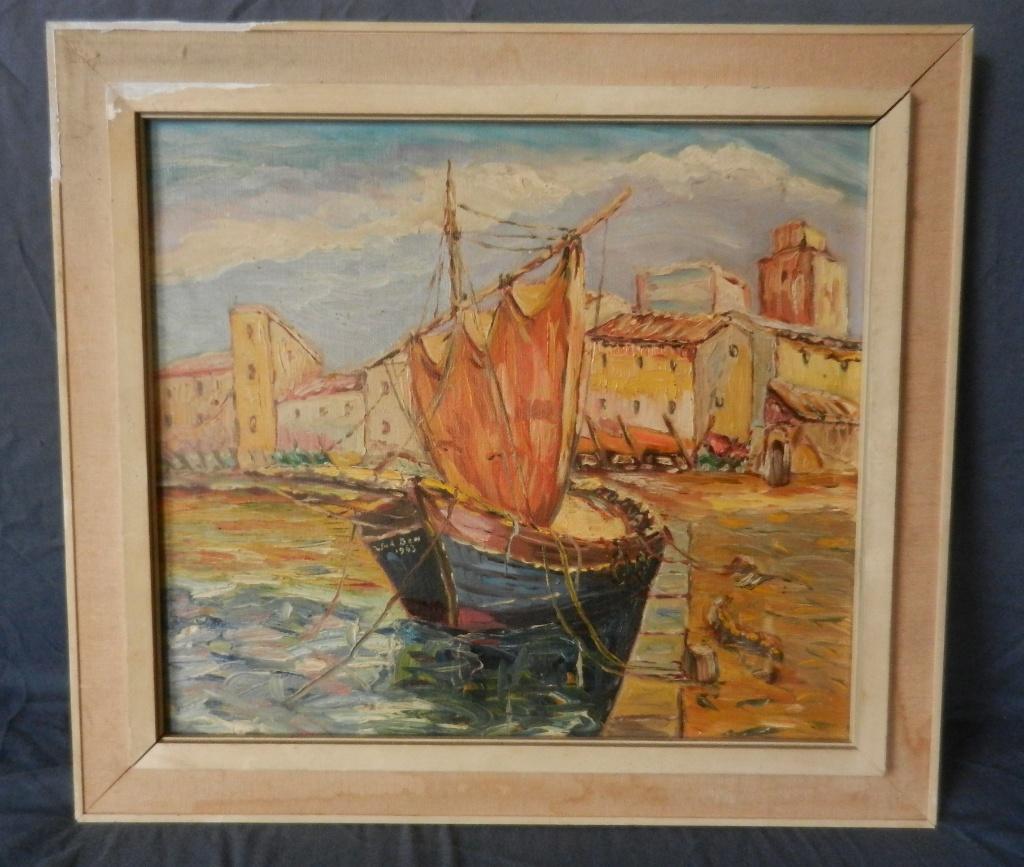 Olieverf op doek Mediterrane Haven W vd Ben 1963 35x40 cm, Ophalen of Verzenden
