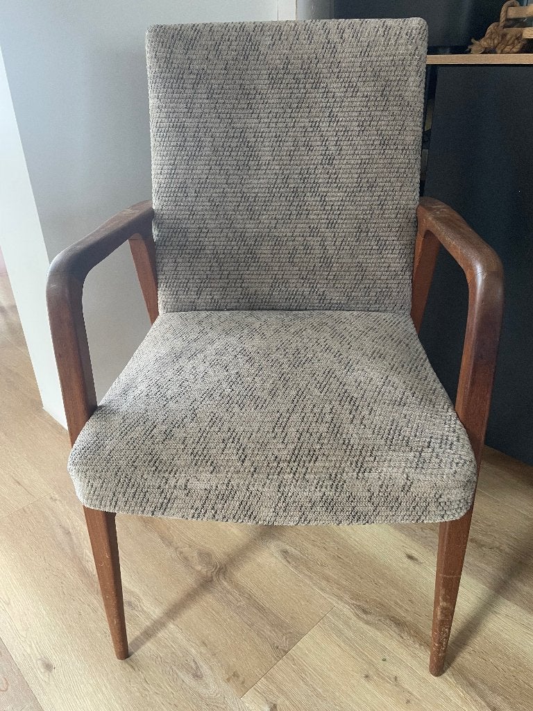 Deens design eetkamerstoel, jaren ‘60/‘70, Huis en Inrichting, Stoelen, Ophalen, Gebruikt, Bruin, Stof