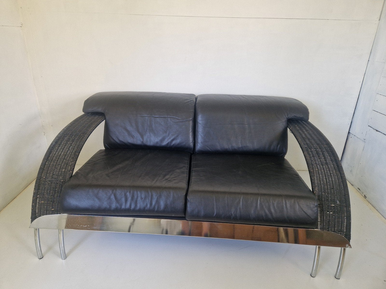 Postmoderne bank rotan chroom en leer jaren 80 van dover. , Huis en Inrichting, Ophalen, Gebruikt, 150 tot 200 cm, Onbekend