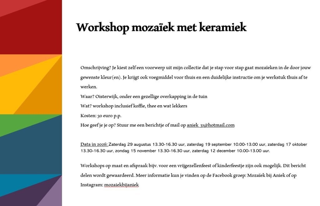 Workshop mozaïeken met keramiek, Hobby en Vrije tijd, Ophalen, Overige typen, Nieuw, Meerkleurig
