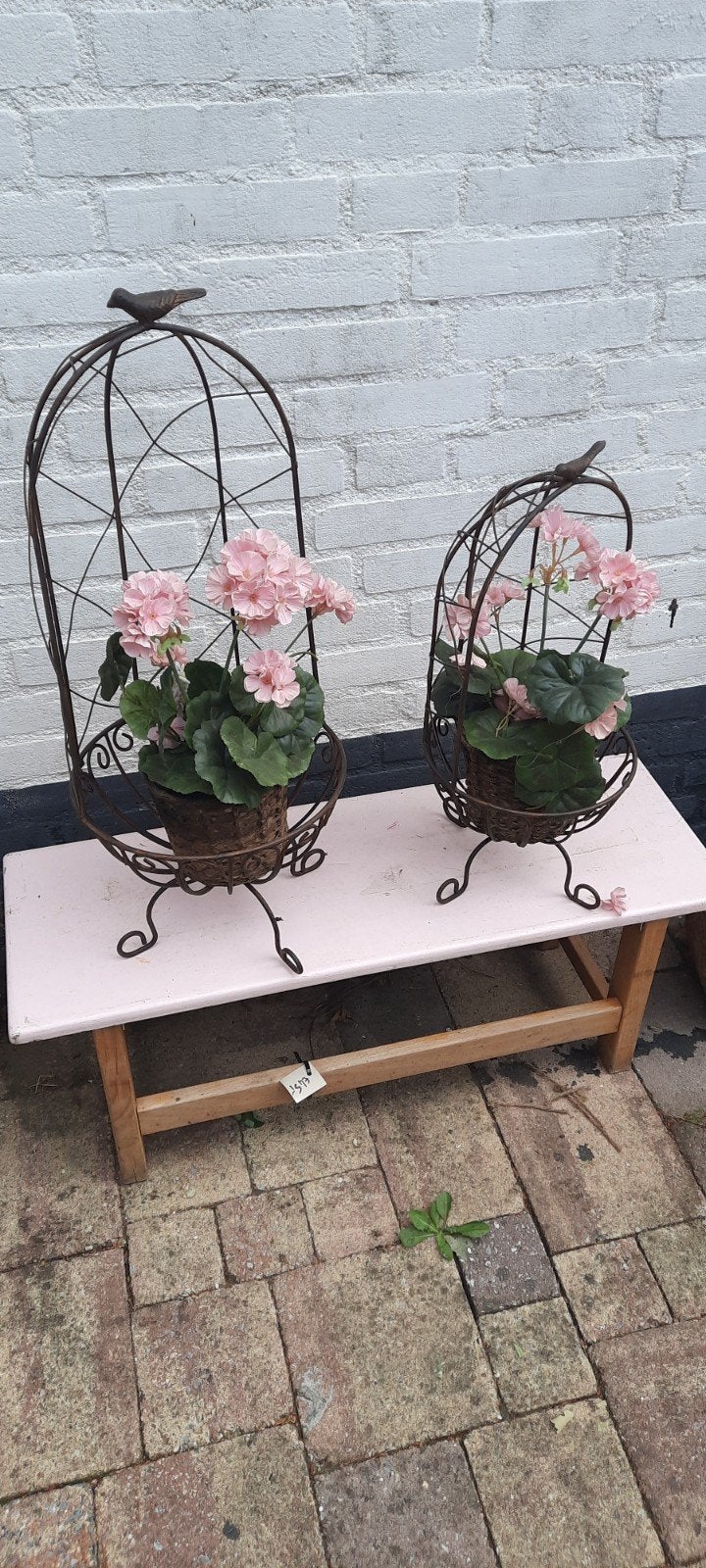 Set van 2 bloempot houders met vogeltje boven op, Gebruikt, Minder dan 60 cm, Ophalen of Verzenden, Metaal
