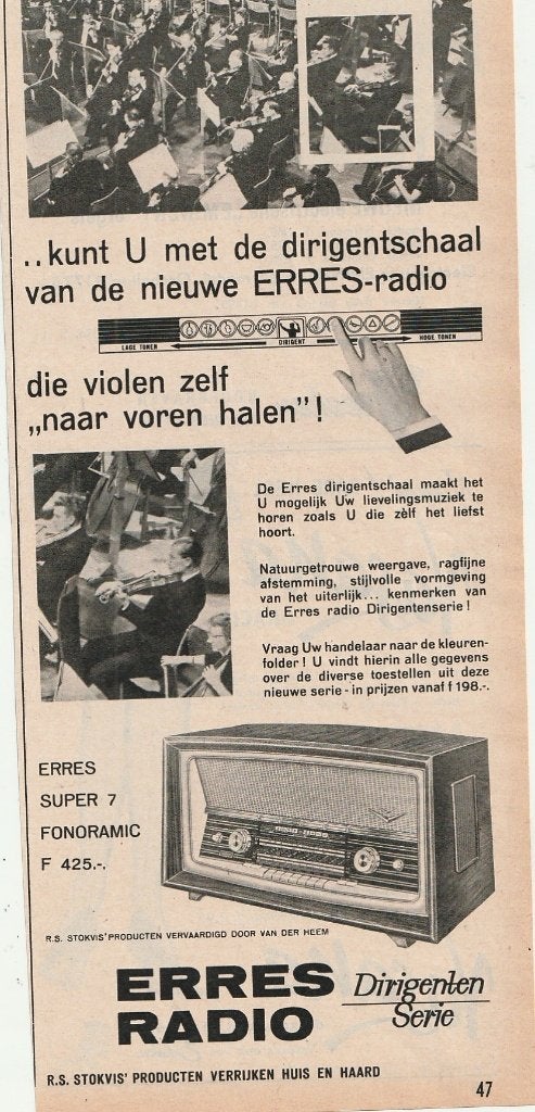 Retro reclame 1958 Erres radio muziekinstrument orkest, Verzamelen, Verzenden, Overige typen