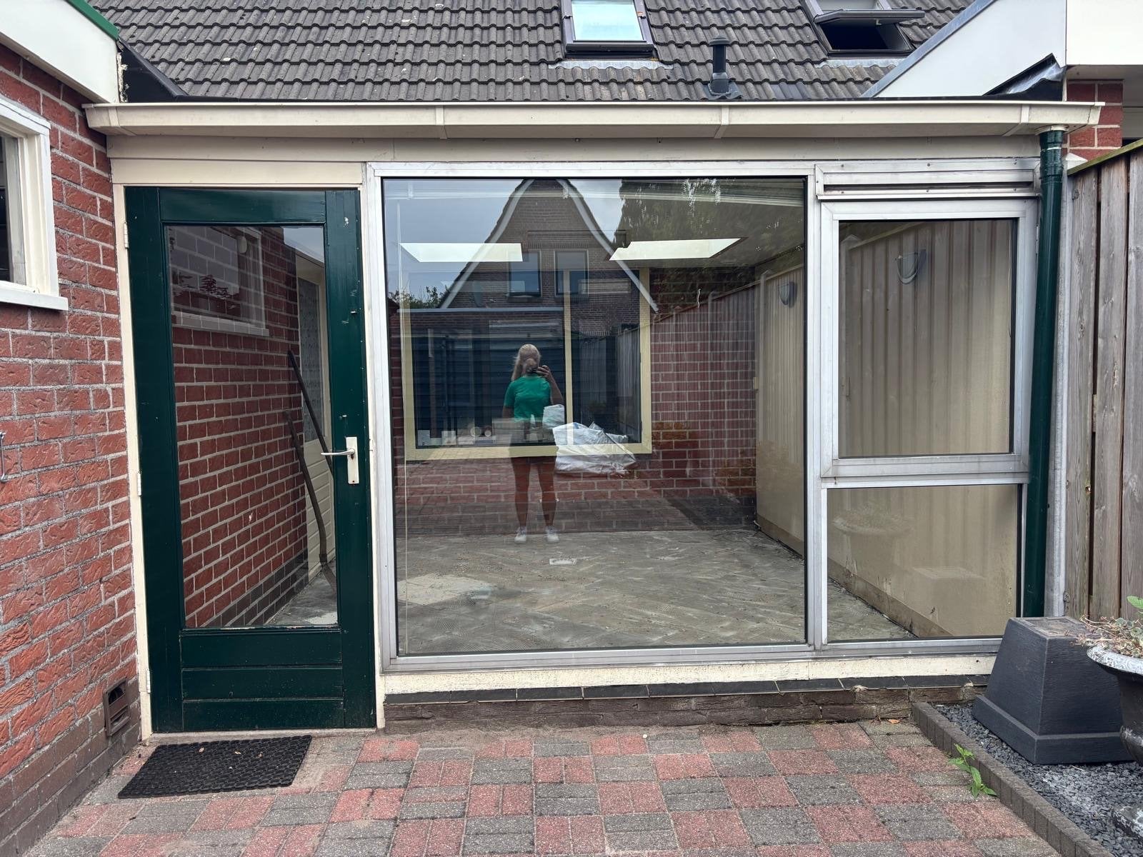 Glazen pui met deur en zijraam, Ophalen, Gevelraam of Ruit, Gebruikt, 160 cm of meer
