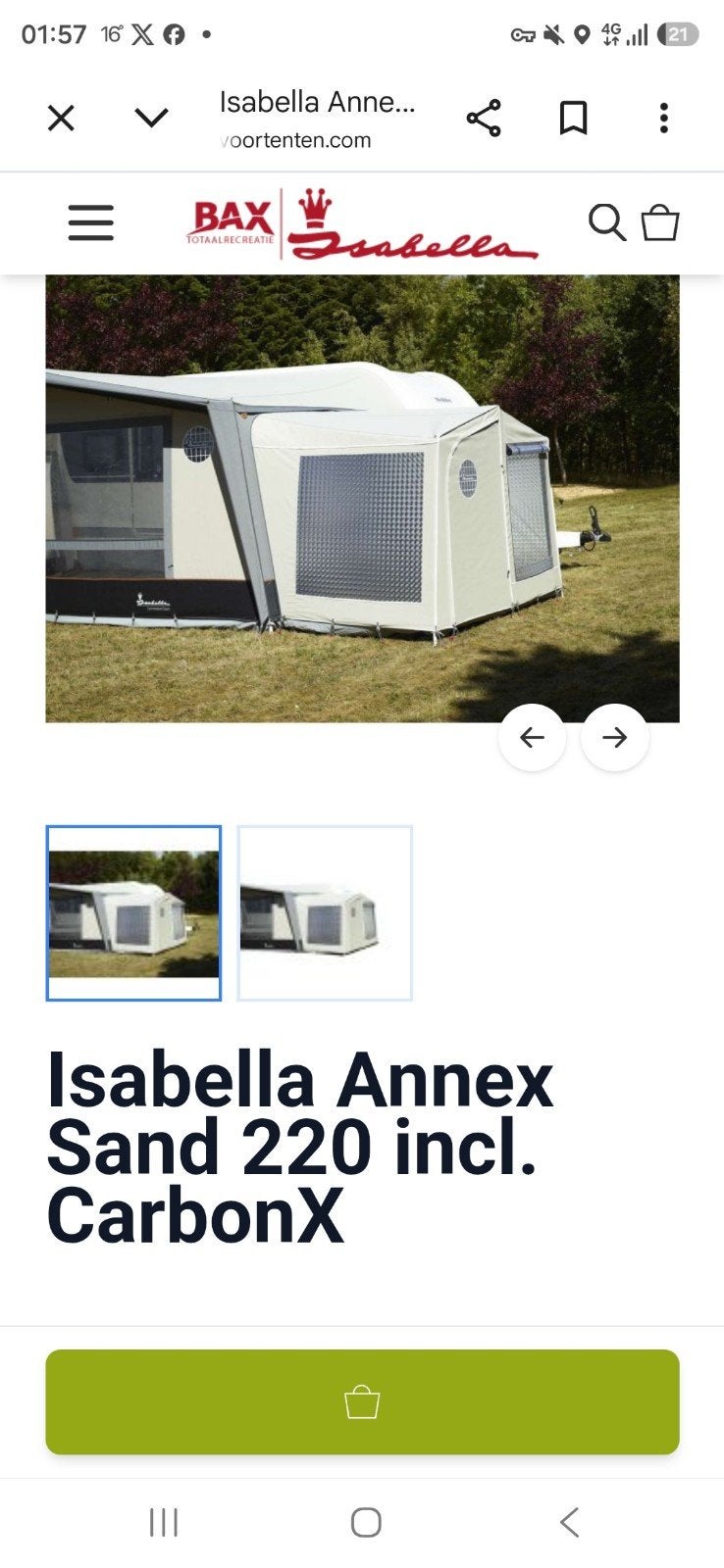 Isabella Annex Sand 220 incl. CarbonX voortentuitbouw, Ophalen of Verzenden, Zo goed als nieuw