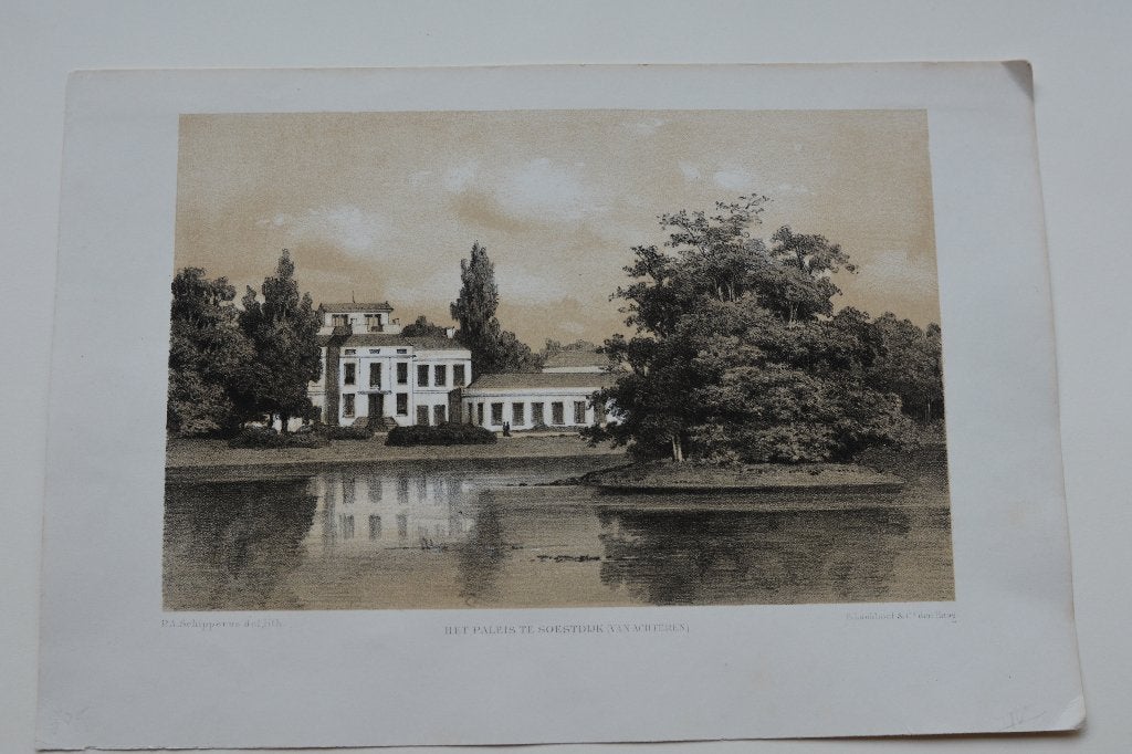 SOESTDIJK TUIN ACHTERZIJDE PALEIS Litho P.A. Schipperus GC01, Gesigneerd, 1800 - 1899, Stadsgezicht, Ophalen of Verzenden
