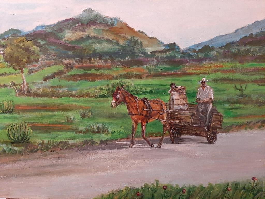 Schilderij Cuba - Jaap Harjer - Landschap met paard en wagen, Ophalen