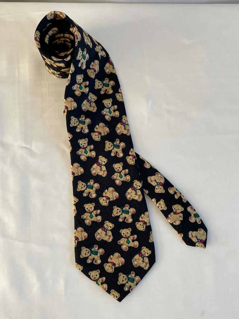 Unieke stropdas met teddybeer patroon – 100% zijde, Ophalen of Verzenden, Zo goed als nieuw, Overige kleuren, Met patroon