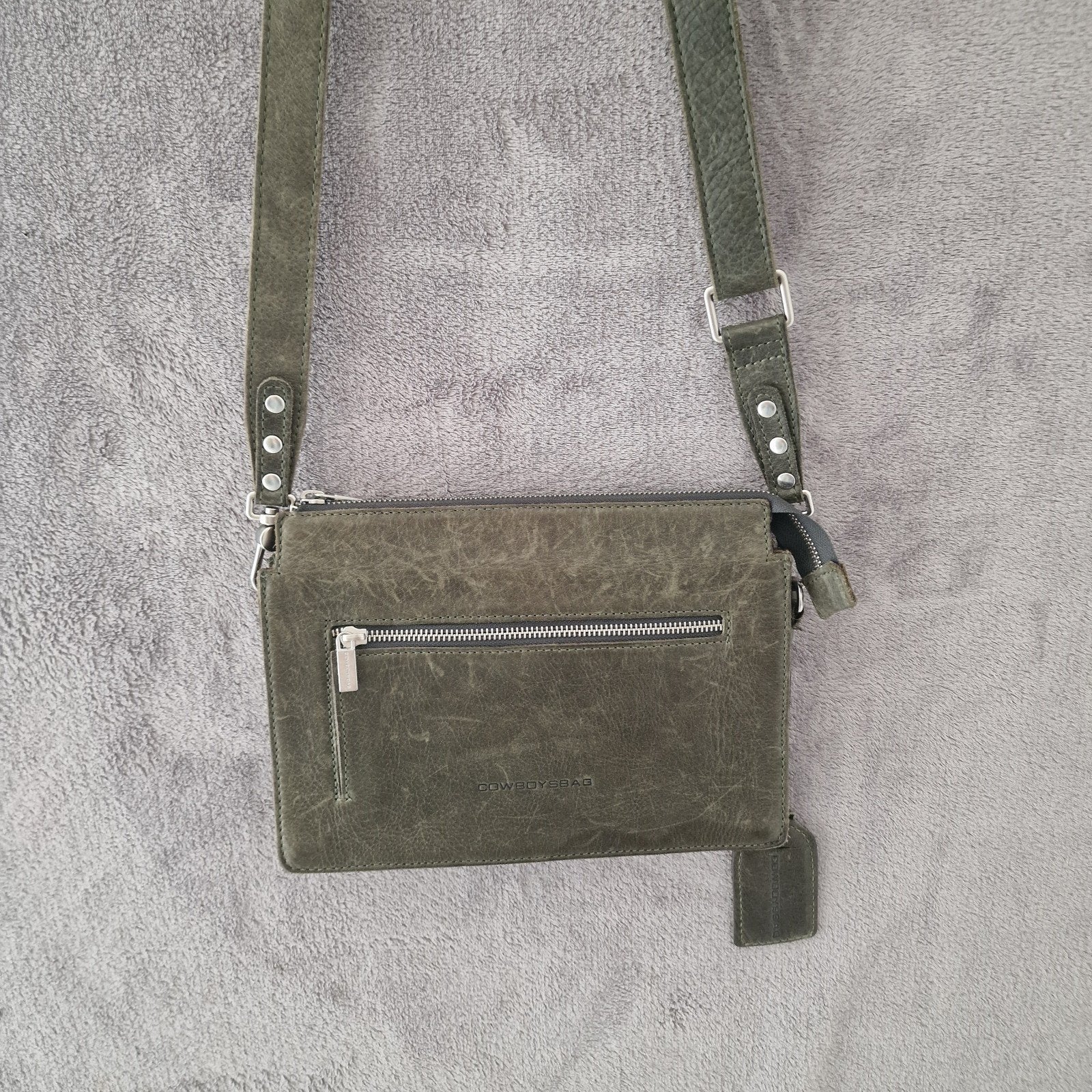 Cowboysbag schoudertas donkergroen leer. Zie foto's afmeting, Overige merken, Gebruikt, ., Ophalen of Verzenden