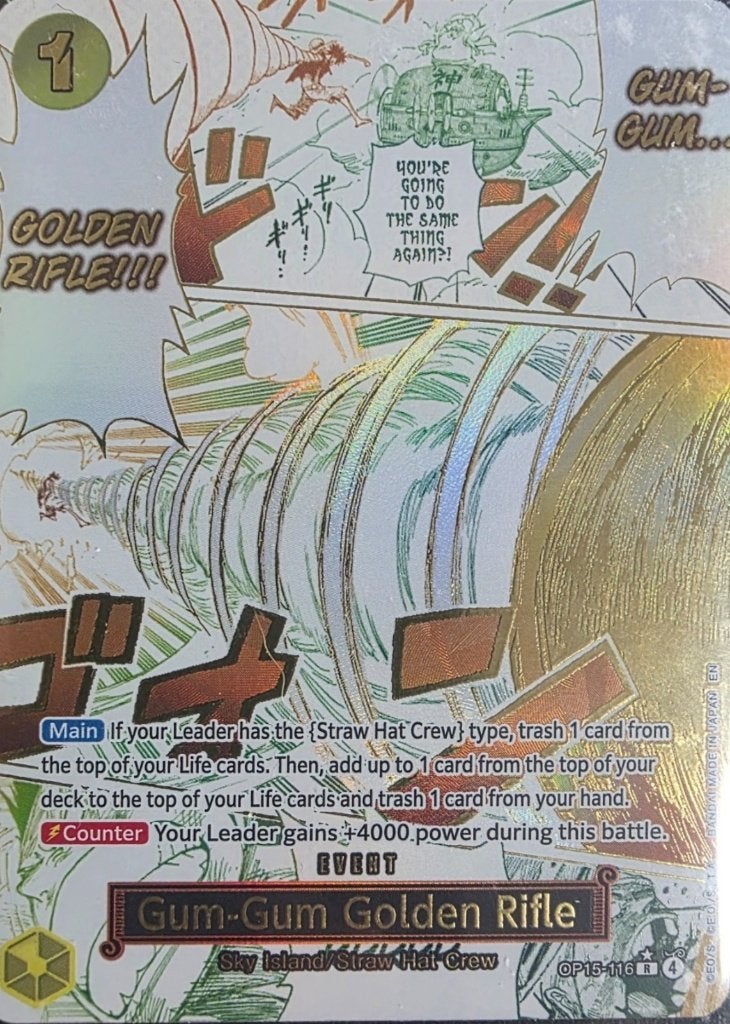 Gum-Gum Golden Rifle R (Alt Art) OP15-116 One Piece BGS 10, Ophalen of Verzenden, Zo goed als nieuw