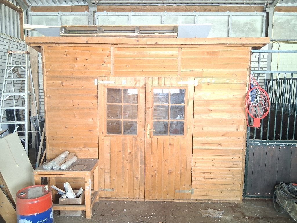 Houten schuur met schuin dak en dubbele deuren, Ophalen, Tuinhuis, 250 tot 500 cm, 2 ramen