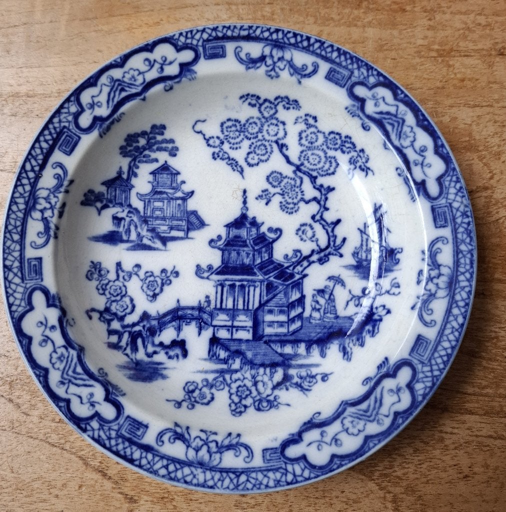 Groot vintage Tonquin Engels China blauw-wit bord 25 cm, Ophalen of Verzenden
