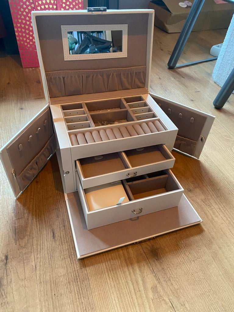 Luxe Sieradendoos met spiegel, lades & slot, Sieraden, Tassen en Uiterlijk, Beautycases, Wit, Ophalen of Verzenden, Hardcase, Zo goed als nieuw