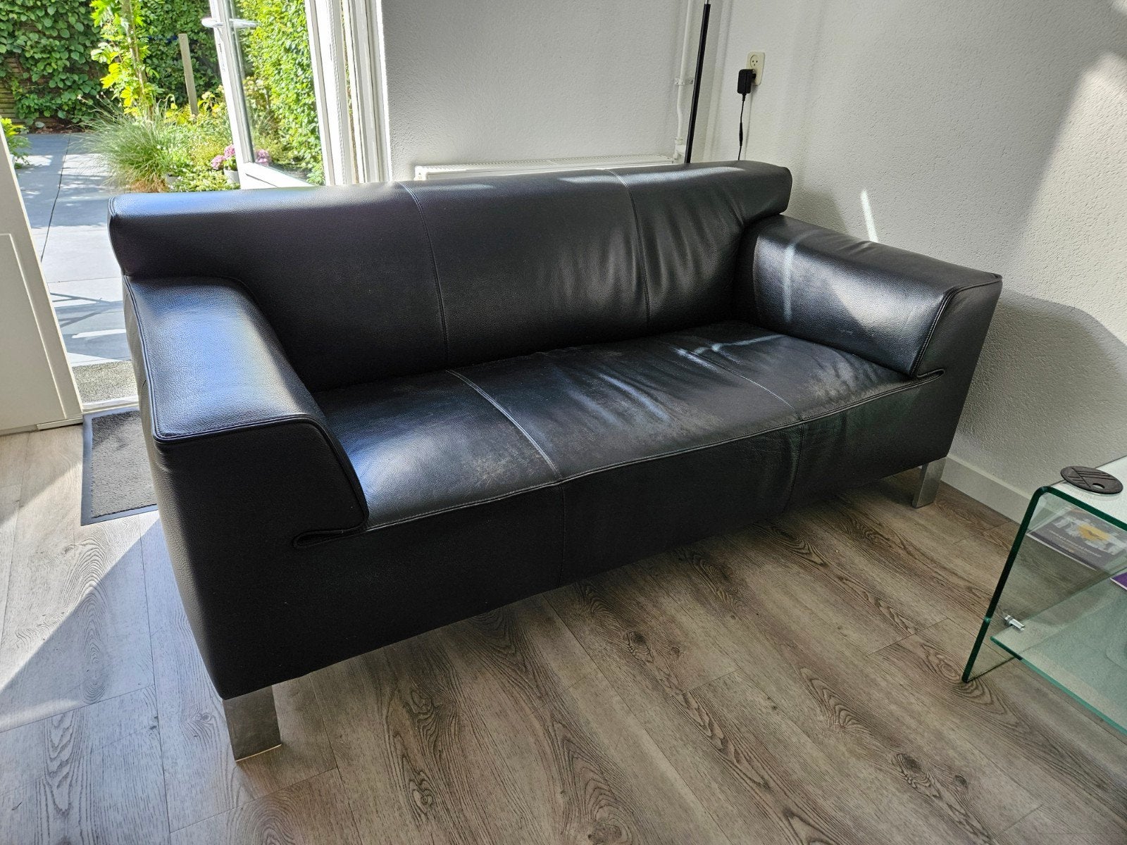 Zwarte leren Pode bank - 2-zitsbank, Huis en Inrichting, Ophalen, Gebruikt, 150 tot 200 cm, Tweepersoons