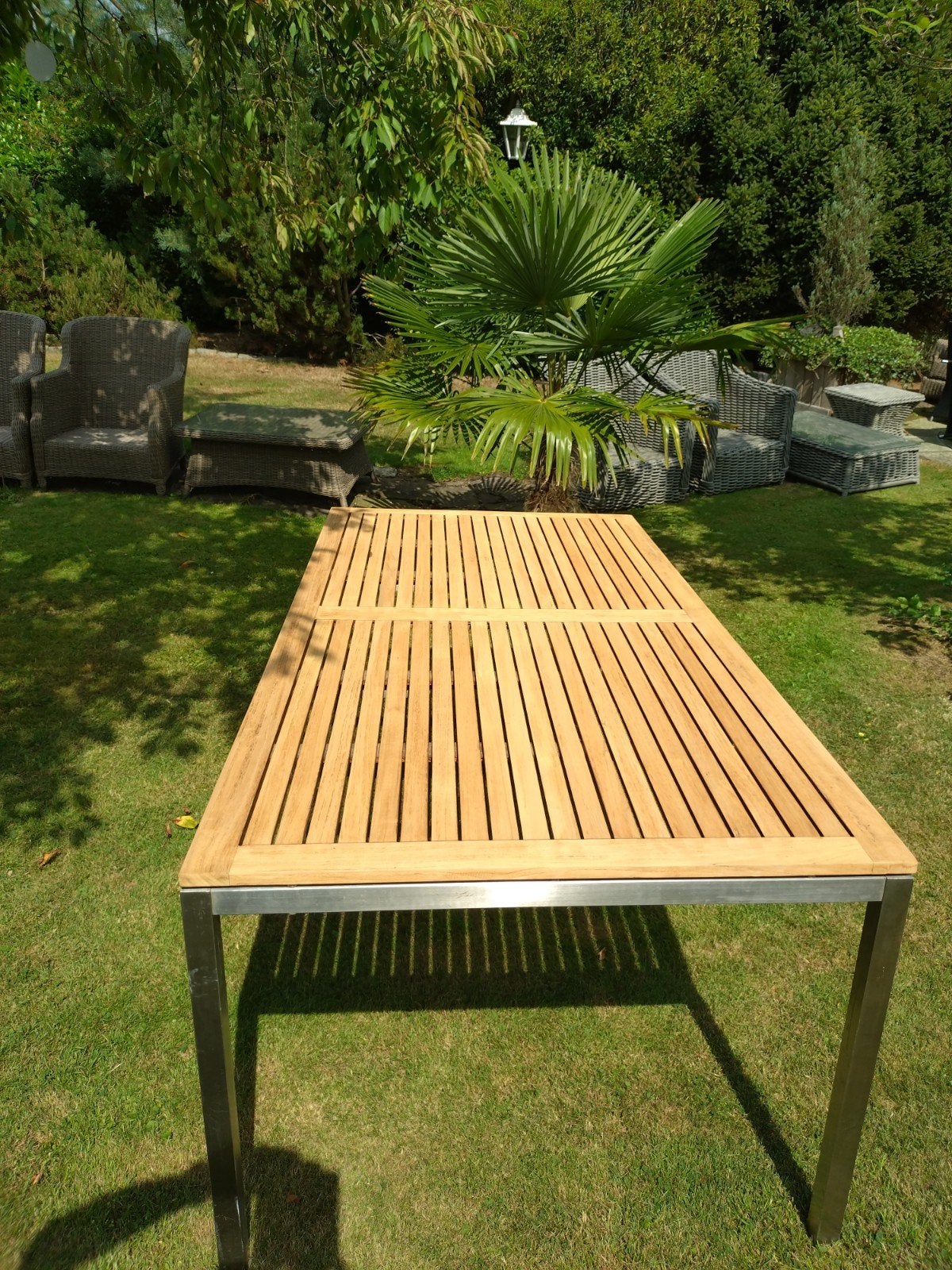 Mooie ruime tafel. Teak & RVS. Voor 6 personen., Ophalen, Gebruikt, Rechthoekig, Teakhout