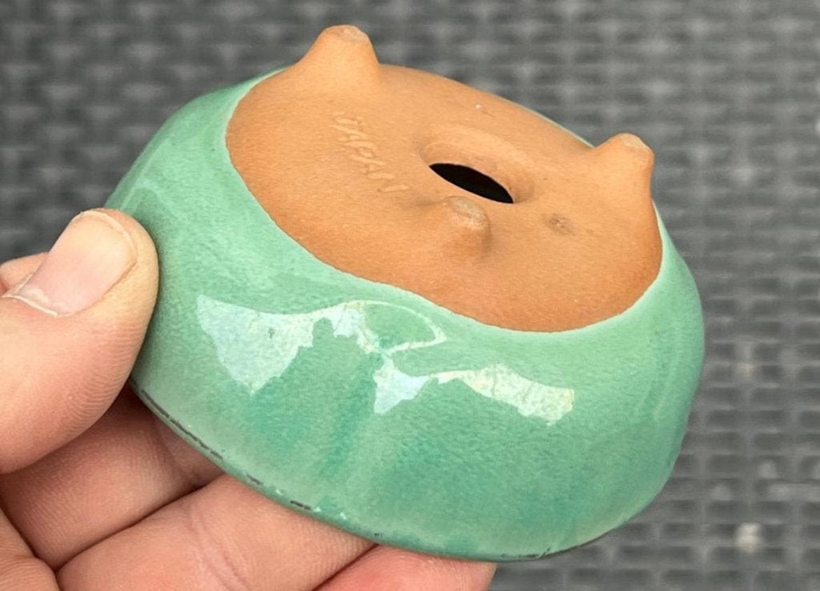 Bonsai pot rond groen geglazuurd Japans aardewerk 9,1x4,1, Rond, Ophalen of Verzenden, Zo goed als nieuw, Aardewerk