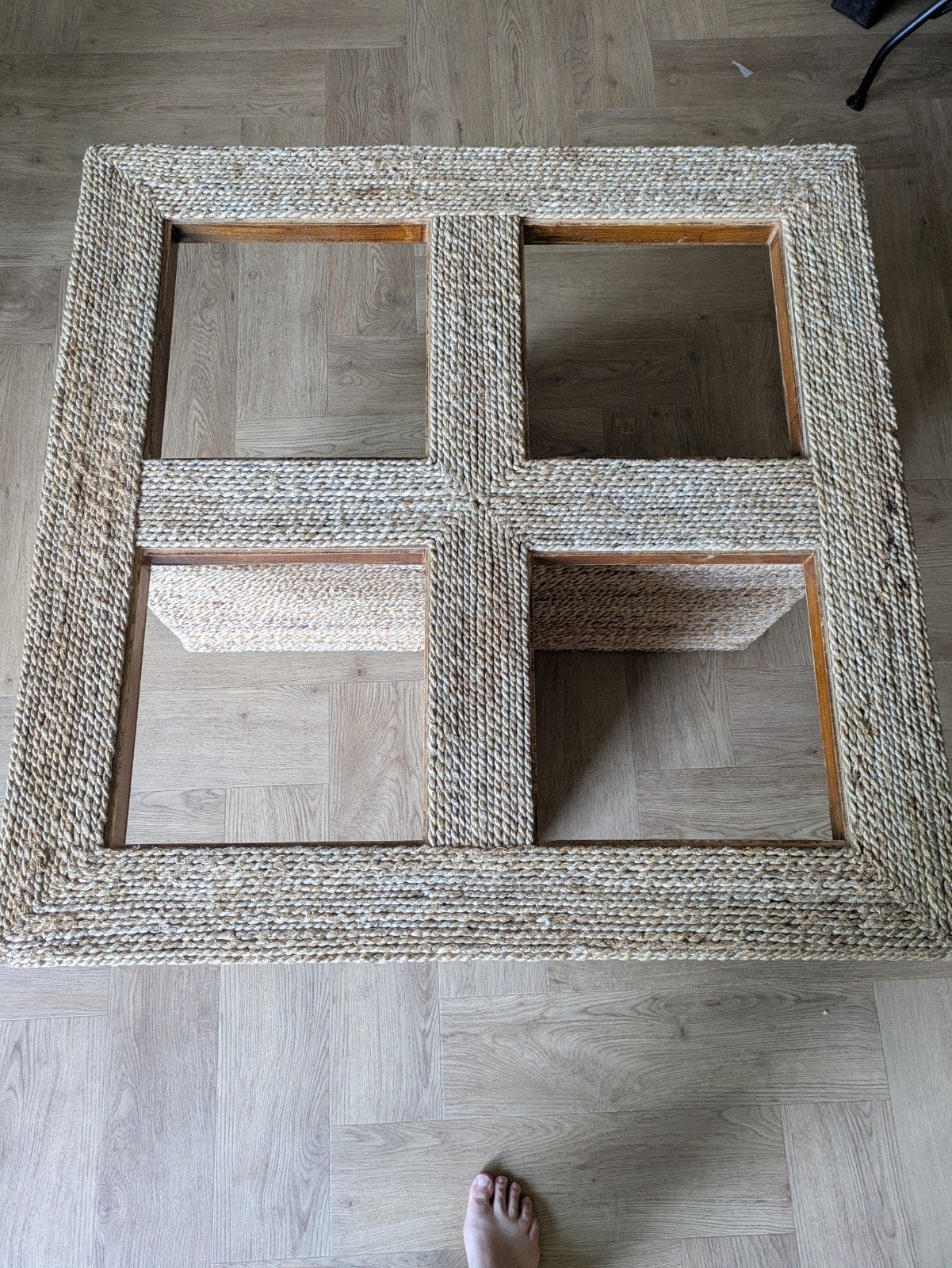 Rotan salontafel met 4 krukjes en glazen platen, Ophalen, 50 – 75, Knus en natuurlijk, Gebruikt
