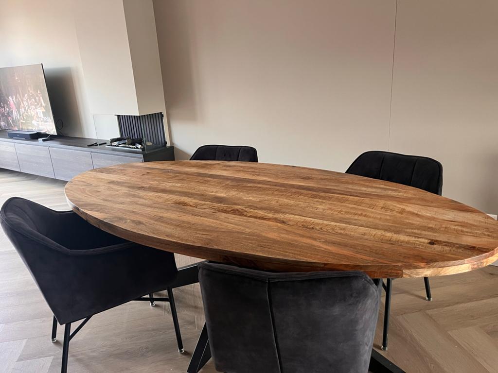 Ovale eettafel mangohout met metalen onderstel 220x109cm, Ophalen, Gebruikt, 100 tot 150 cm, 200 cm of meer