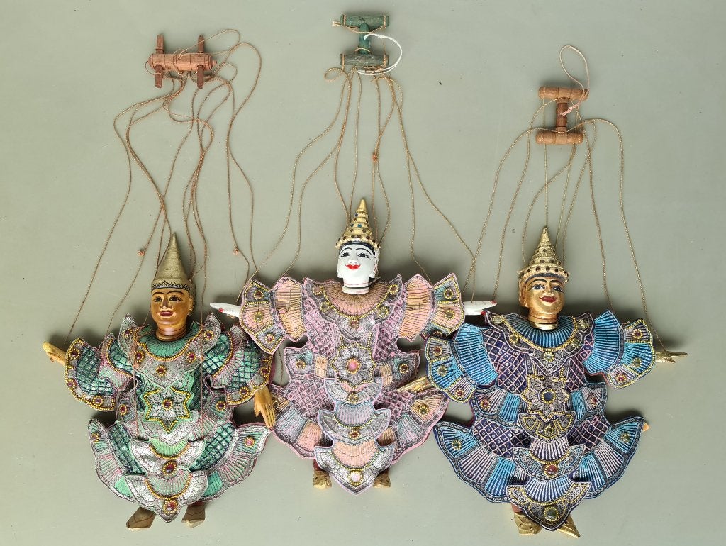 3st vintage houten Burmese marionetpop Thai marionette pop, Textiel, Ophalen of Verzenden, Meerkleurig, Pop