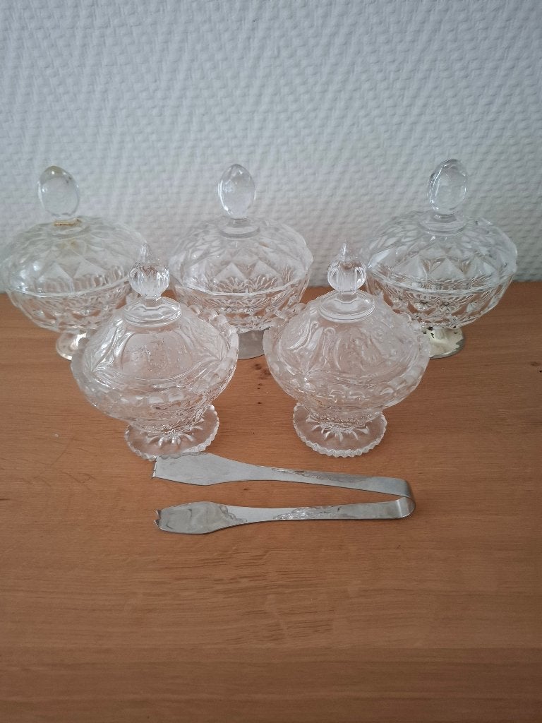 2 Antieke Suikerpotten en nog 3 op Verzilverde Voet en Tang, Ophalen of Verzenden