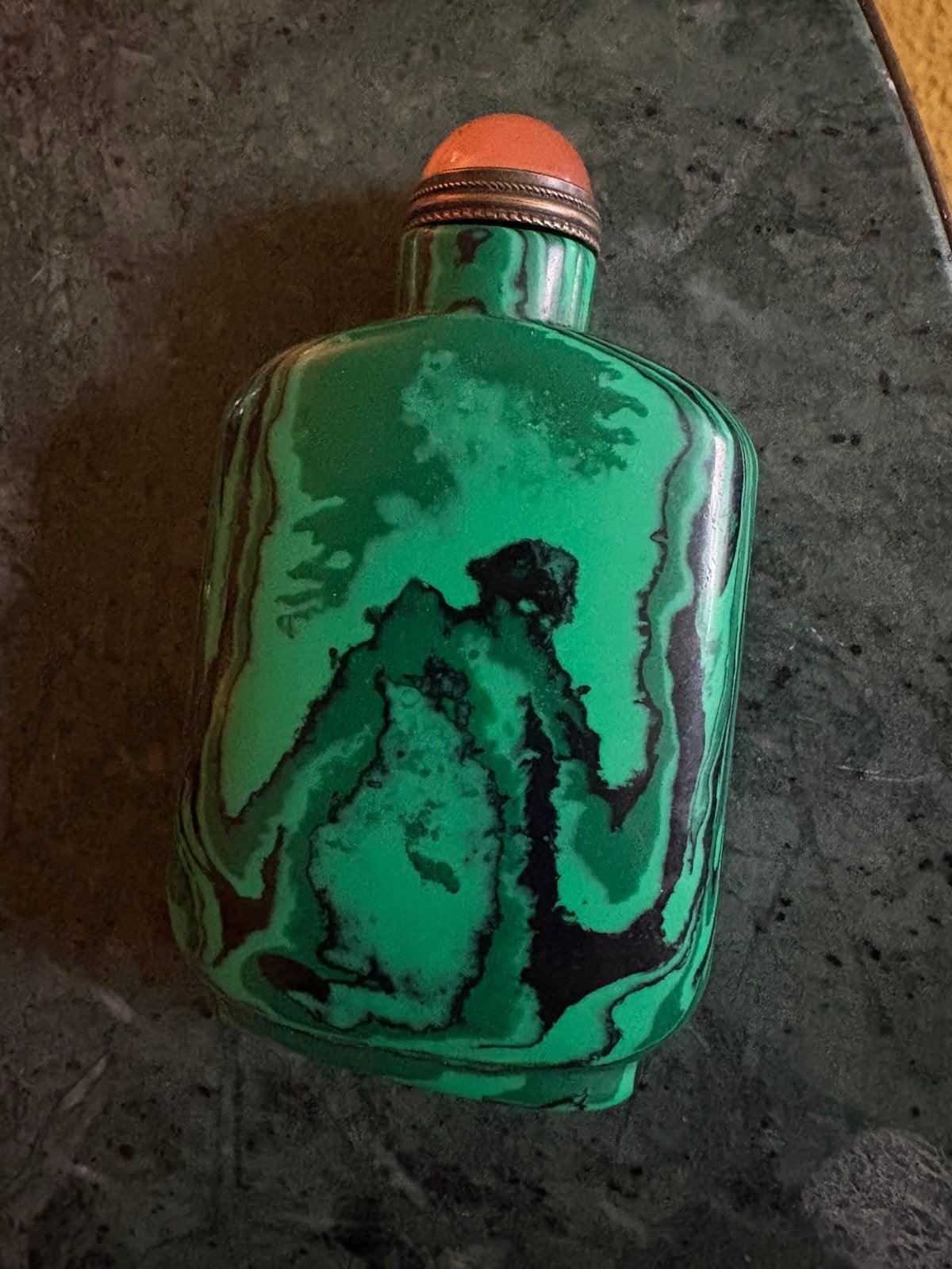 Chinese Parfum fles Malachiet  glazen half edelsteen knop, Ophalen of Verzenden, Zo goed als nieuw, Parfumfles