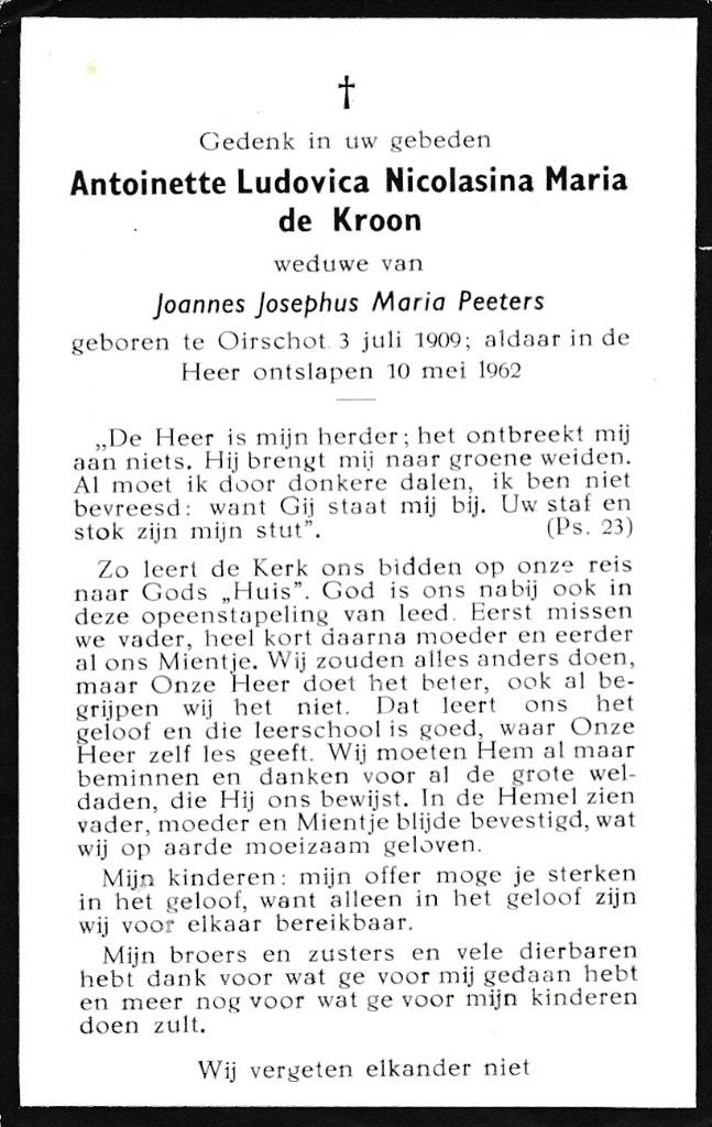 Kroon Antoinette 1909 Oirschot 1962, Ophalen of Verzenden, Bidprentje