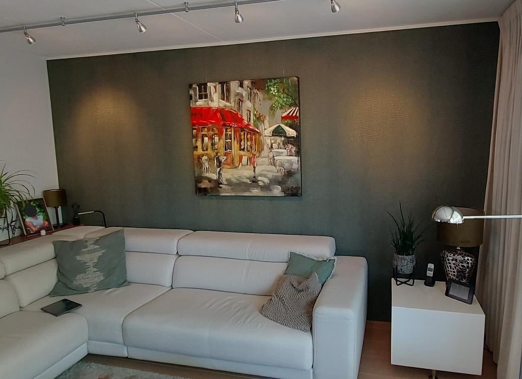 Schilderij metaal, 3D,  100x100cm (Café op de hoek..), Ophalen, Zo goed als nieuw, Schilderij, 100 tot 125 cm