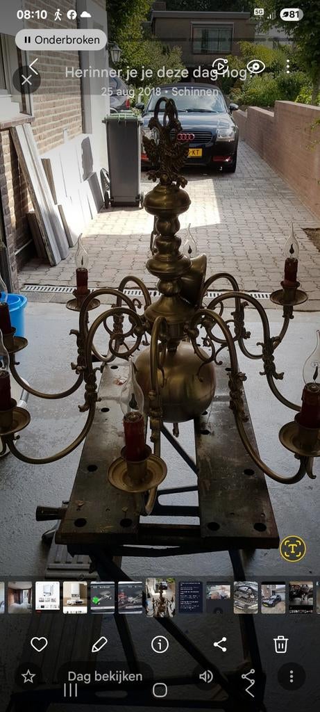 Antieke tinnen hanglamp uit Belgisch kasteel, Antiek en Kunst, Antiek | Lampen, Ophalen of Verzenden