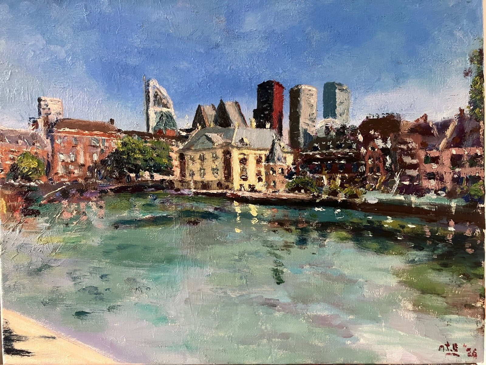 Uitzicht op Den Haag / Mauritshuis /olieverf op doek 40x50cm, Ophalen, Doek, Impressionistisch, Olieverf