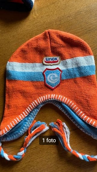 Unox muts oranje/blauw gestreept met oorflappen, Jongen of Meisje, Nieuw, Ophalen of Verzenden, Unox