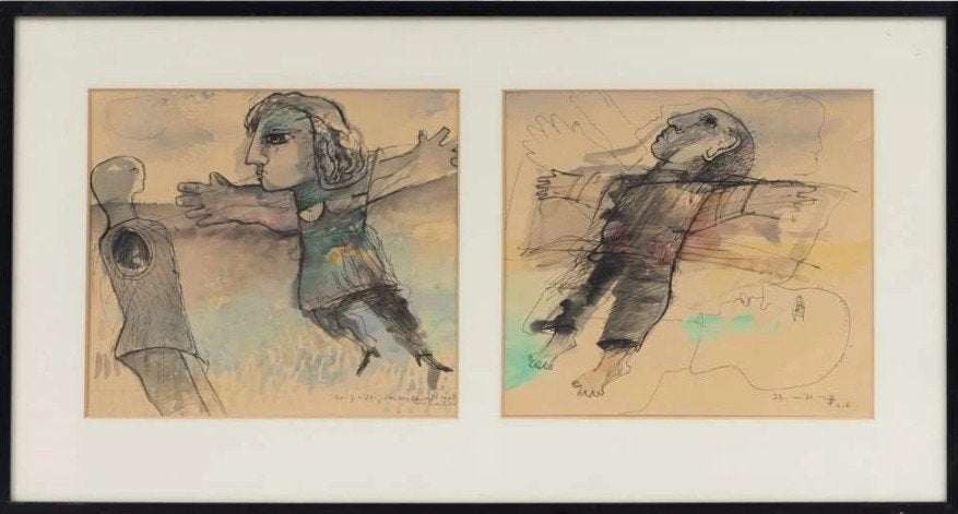Frits van eeden twee composities met figuren in 1 lijst, Gesigneerd, Portret of Personen, Ophalen of Verzenden, Tekening