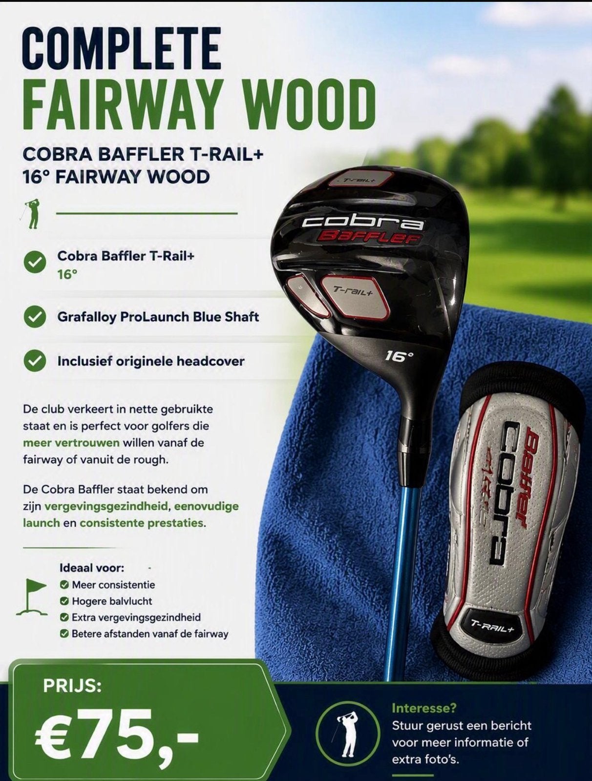Cobra Baffler T-Rail+ 16 Fairway Wood met Headcover, Sport en Fitness, Ophalen of Verzenden, Gebruikt, Club
