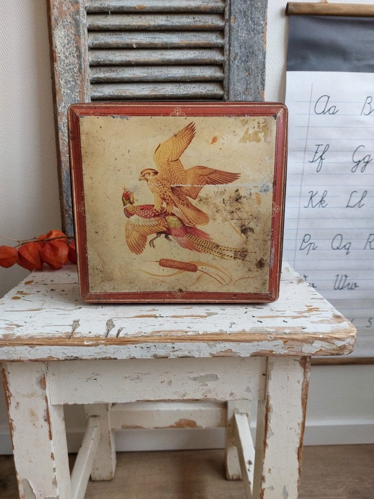 Oud blik met fazant en roofvogel, Ophalen of Verzenden
