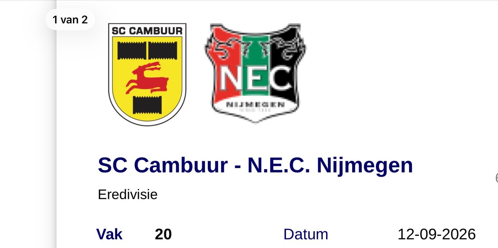 Cambuur -Nec 2 tickets, Drie personen of meer, Maart