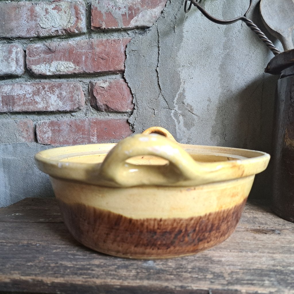 Oude brocante Franse aardewerk schaal pot pan geel *Etage3*, Gebruikt, ., Ophalen of Verzenden, .