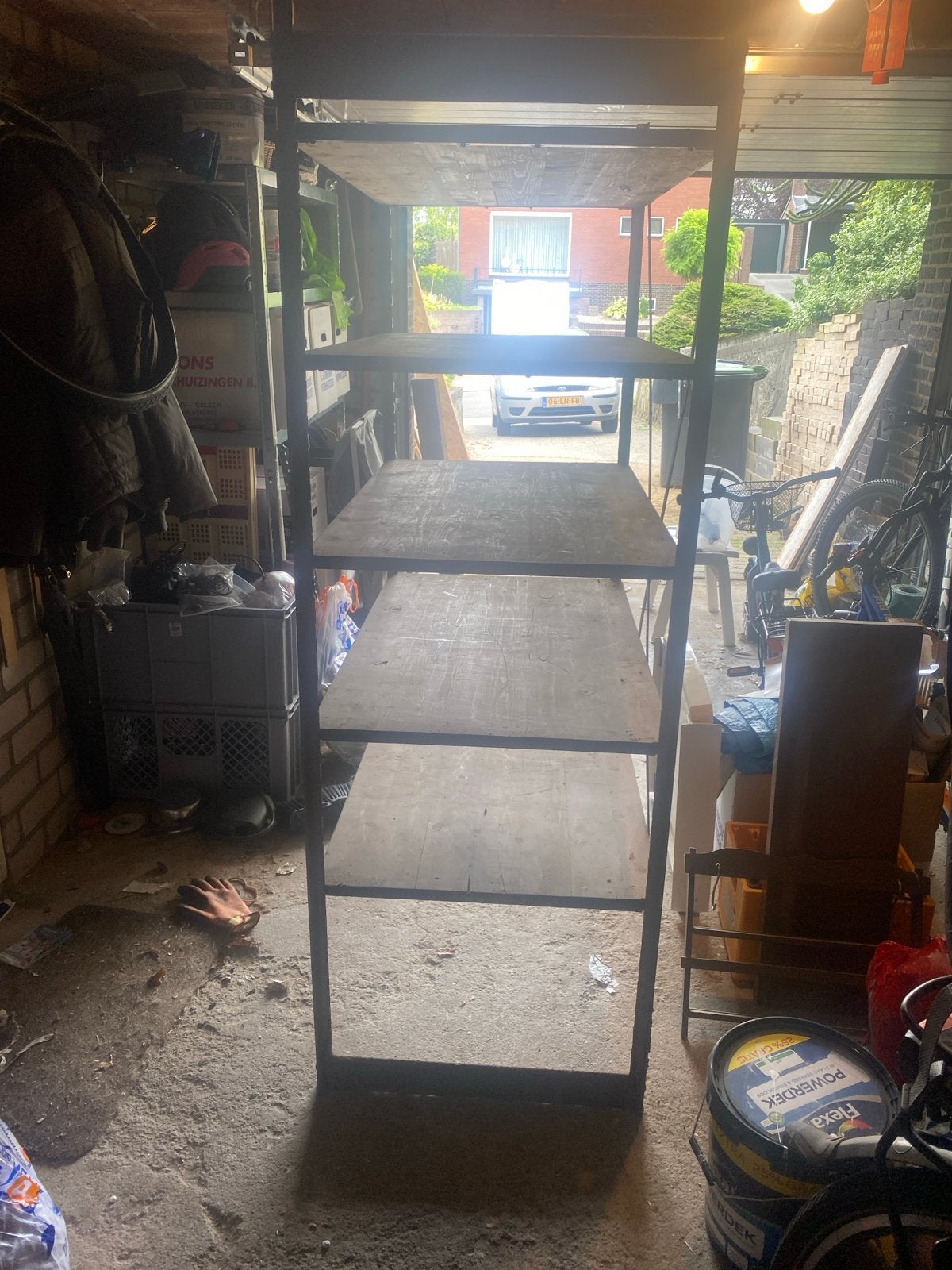 Stevig metalen rek met houten planken, Ophalen, Gebruikt