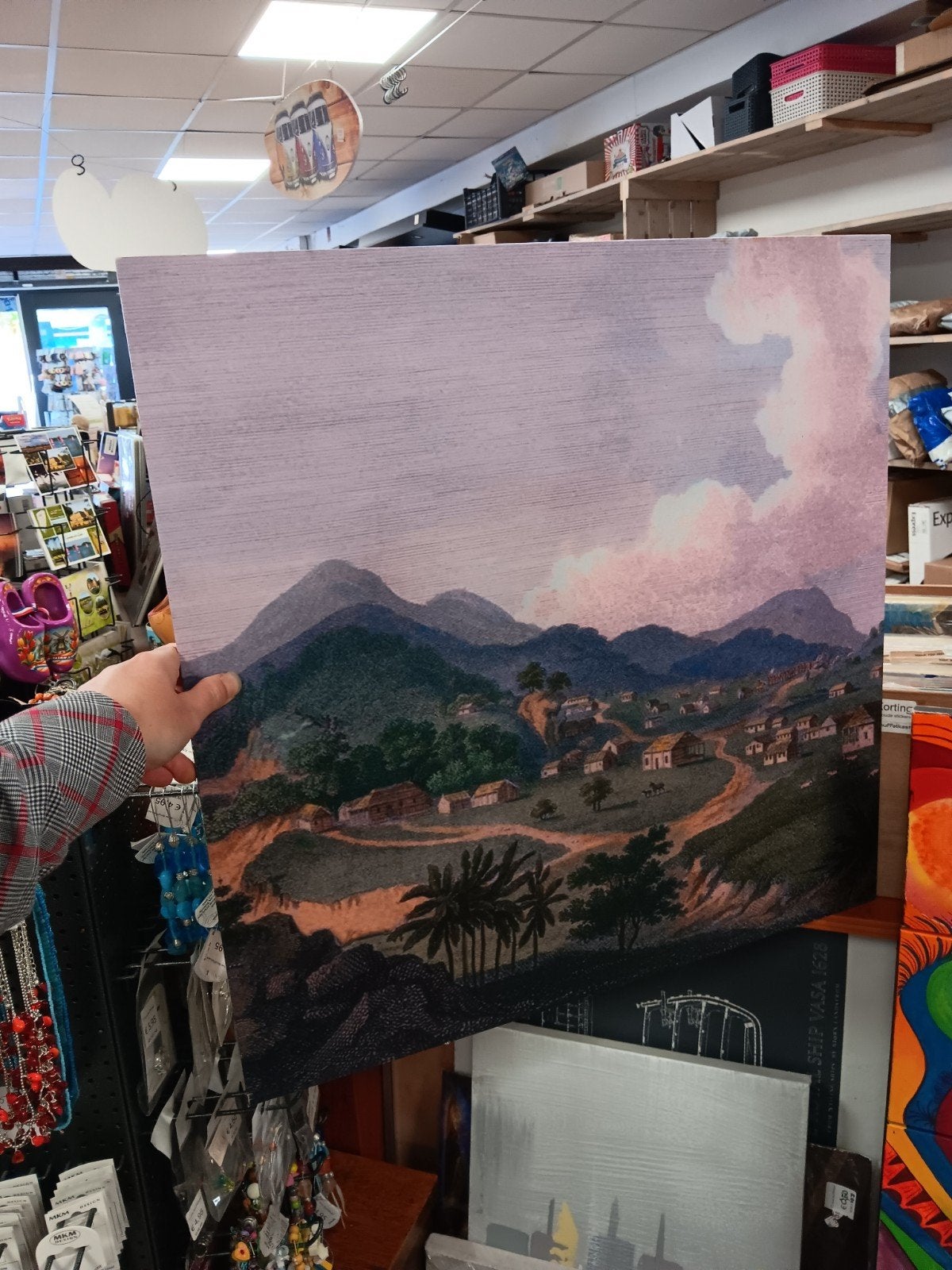 Schilderij Tropisch Landschap met Dorp en Bergen, Ophalen of Verzenden