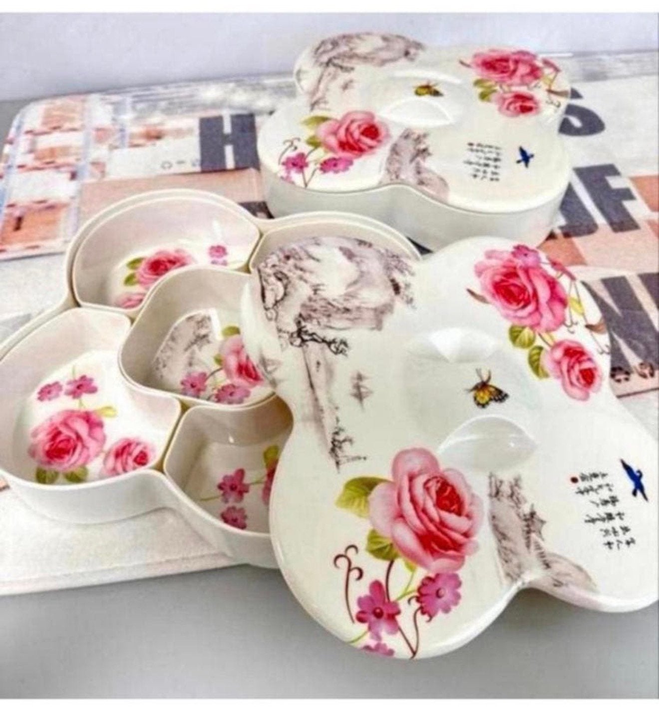Bloemen-motief snack schaal fruit noten hapjes bak + deksel, Kunststof, P, P, P