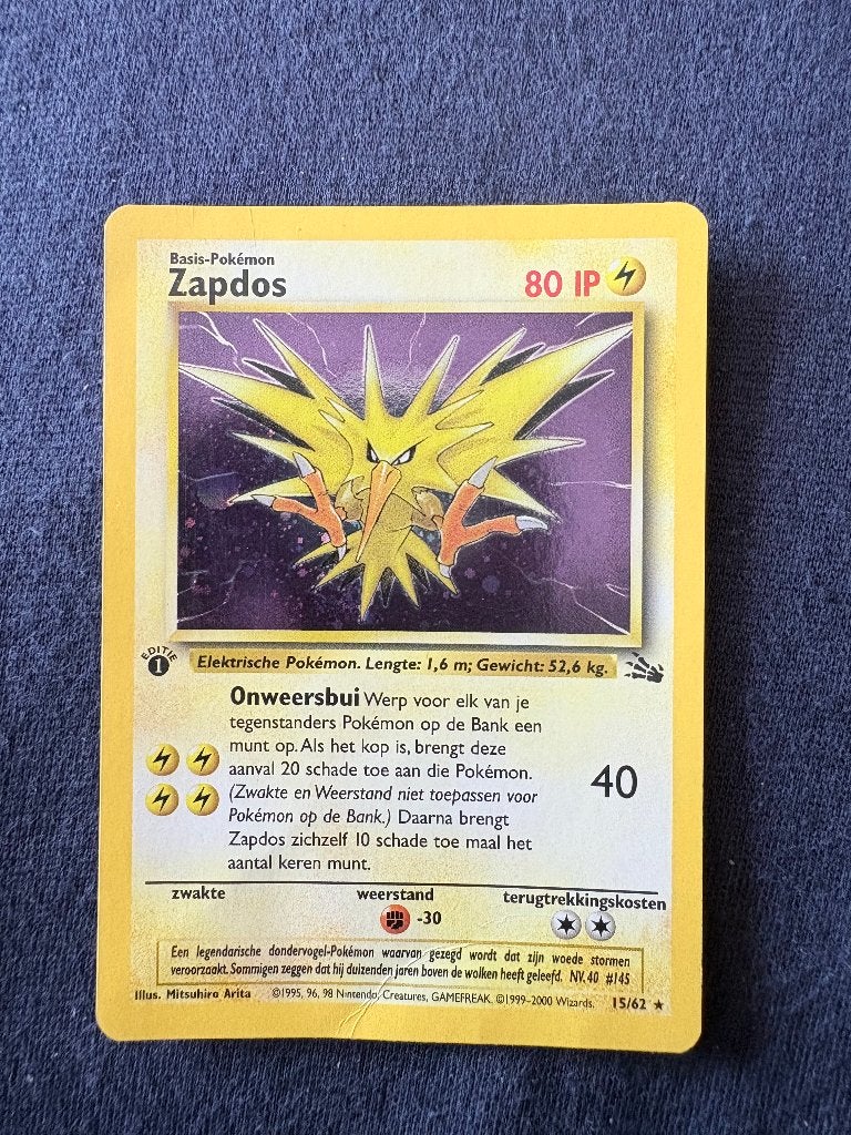 Zapdos 1st Edition Holo - Fossil 15/62 - Excellent, Hobby en Vrije tijd, Verzamelkaartspellen | Pokémon, Ophalen of Verzenden