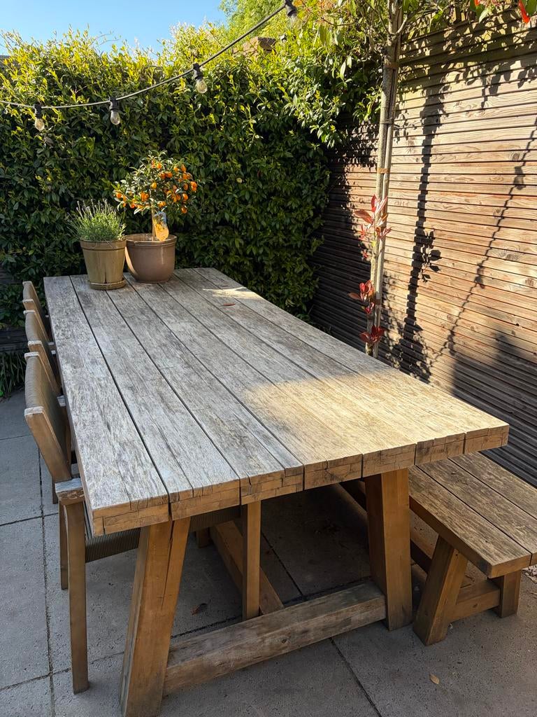 Robuuste houten tuintafel met bankje en 3 stoelen, Tuin en Terras, Tuintafels, Ophalen, Gebruikt, Rechthoekig, Hout