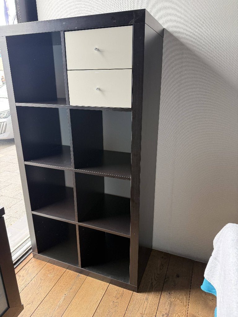 IKEA KALLAX vakkenkast zwartbruin met 2 lades, Ophalen, Met plank(en), 50 tot 100 cm, Zo goed als nieuw