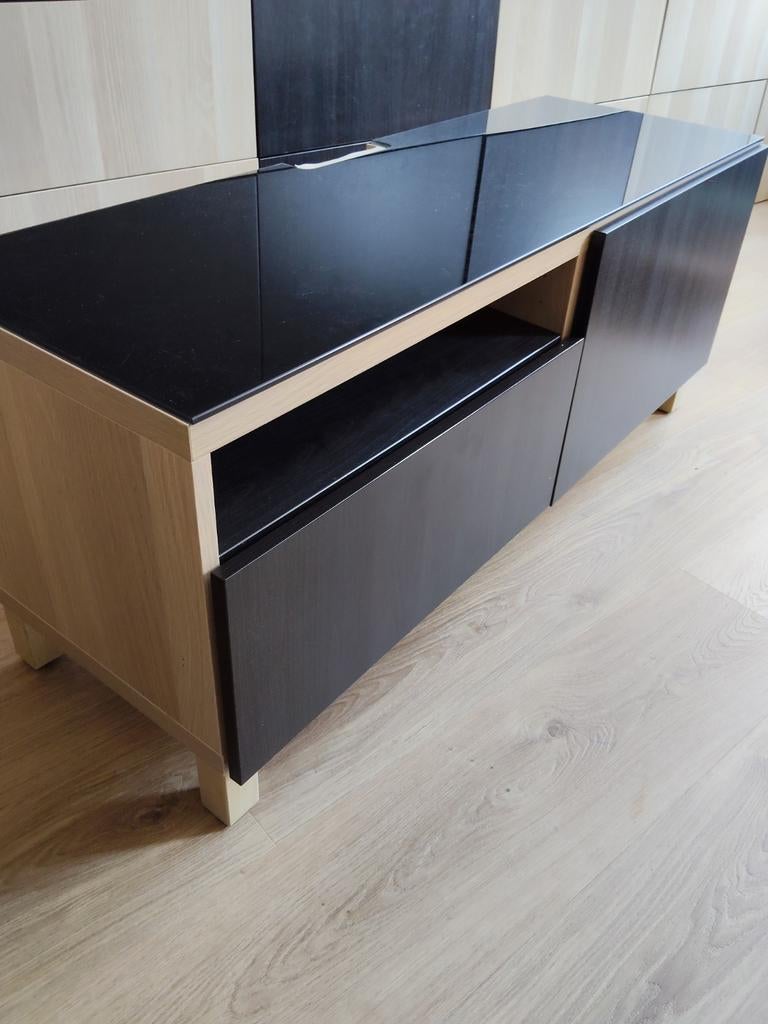 IKEA Besta TV Meubel Eiken met Zwart, 120x50cm, Ophalen, Glas, Gebruikt, 100 tot 150 cm